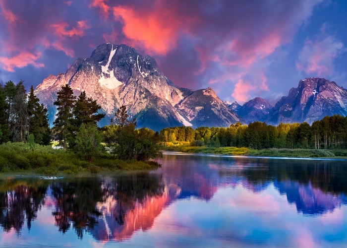 landscape, river, reflection, Wyoming, water, mountains, nature, grass, snowy peak, clouds, forest, sky, Grand Teton National Park