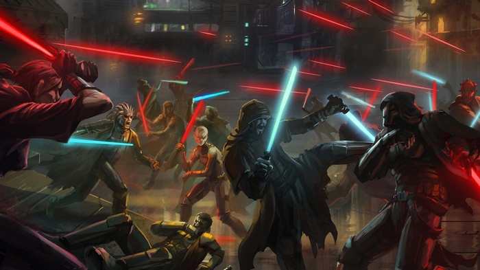 Star Wars concept art of a lightsaber battle
