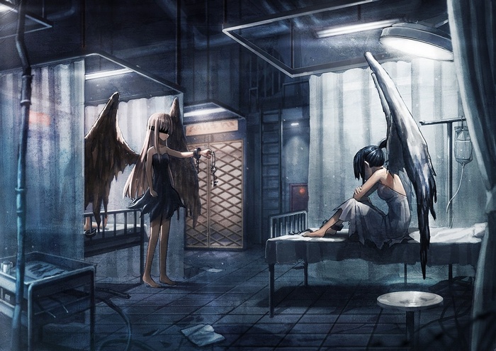 Anime girls with wings in a hospital setting