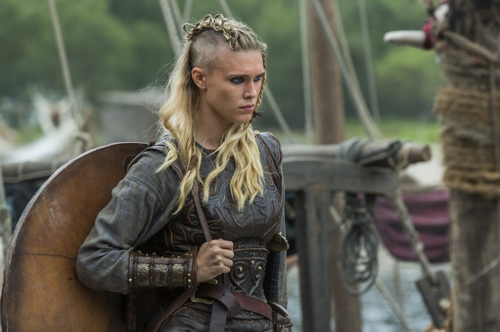Porunn from Vikings with shield