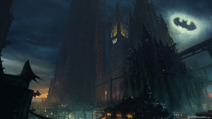 Batman symbol in the sky over Gotham City skyscrapers