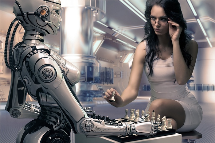 digital art, women, robot