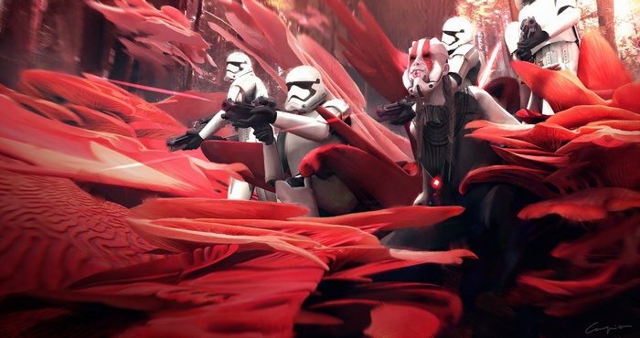 Star Wars concept art of stormtroopers and a character