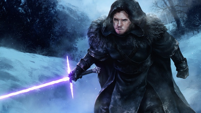 Jon Snow with a purple lightsaber in a snowy landscape