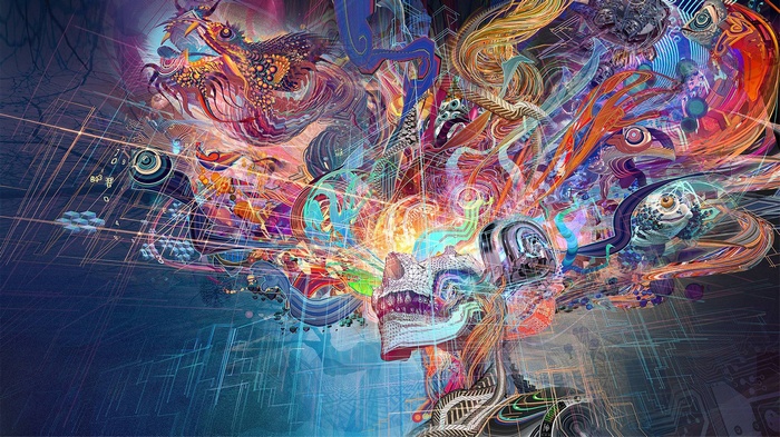 Abstract fantasy art with skull and dragon elements