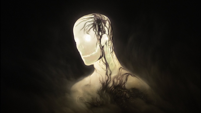 Abstract figure with dark tendrils on black background