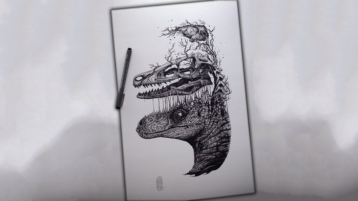 Monochrome drawing of a velociraptor skull and head