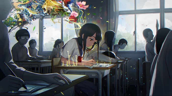 Anime girl in school uniform with abstract creativity above her