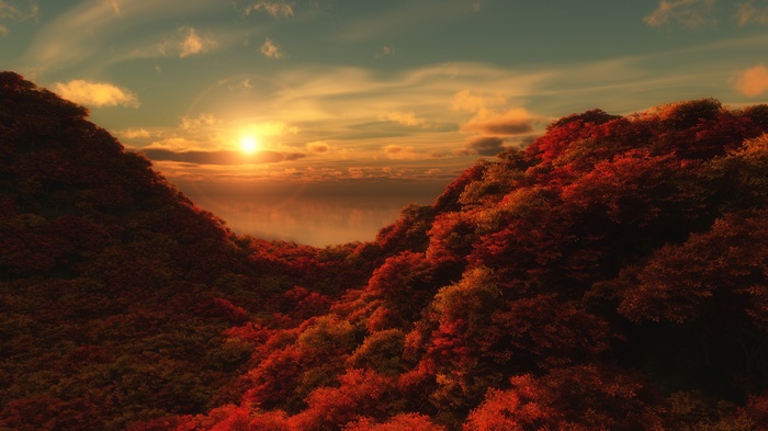 Autumn forest landscape at sunset with sun and clouds