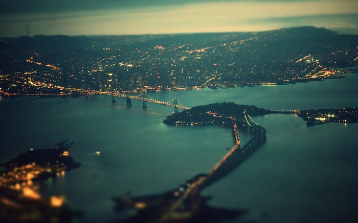 San Francisco Bay Bridge at night from above