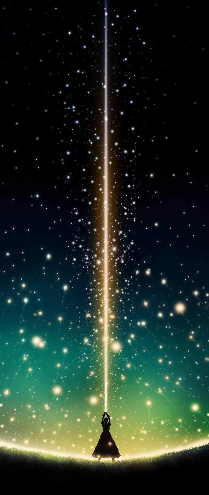 Saber holding a beam of light in the night sky