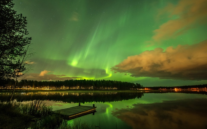 Aurora Borealis over a lake with trees and a dock