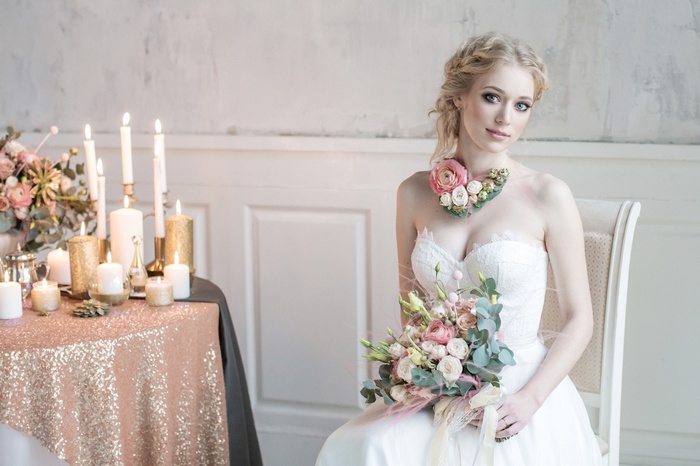 Bride with Bouquet and Floral Necklace