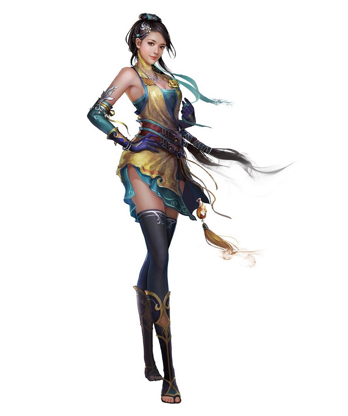 Female warrior with ornate armor and flowing ribbons