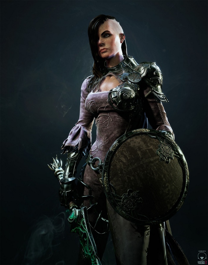 Female warrior with sword and shield