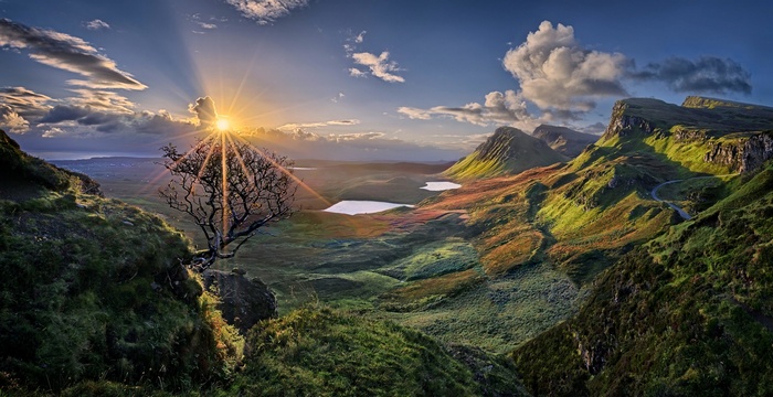 road, clouds, grass, sky, nature, valley, Skye, island, shrubs, panoramas, landscape, hills, Scotland, sunset, lake