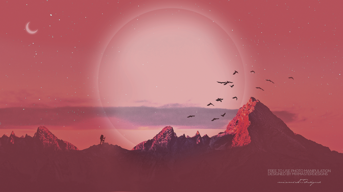 Surreal mountain landscape with a large sun and moon