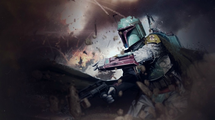 Boba Fett in Star Wars with weapon and debris