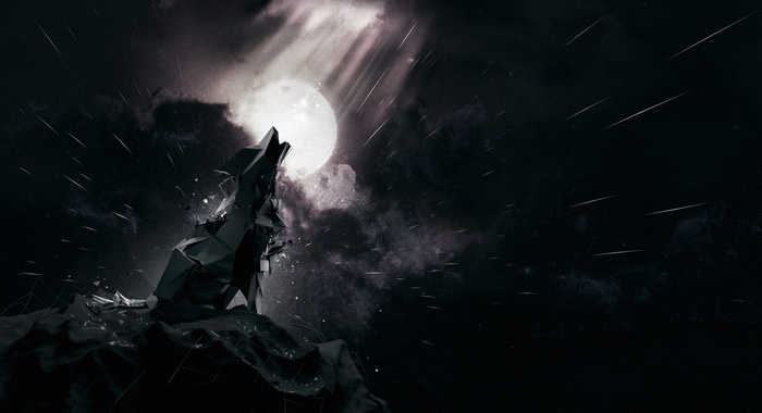 Geometric wolf howling at the moon during meteor shower