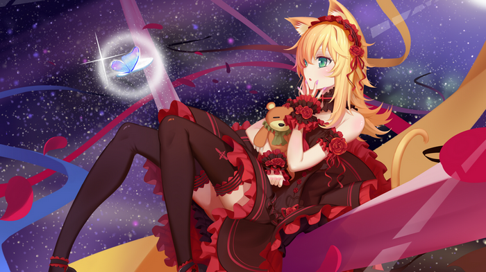 Anime girl with cat ears and teddy bear in space