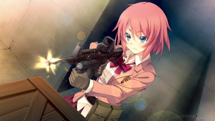 Anime girl with pink hair firing a rifle