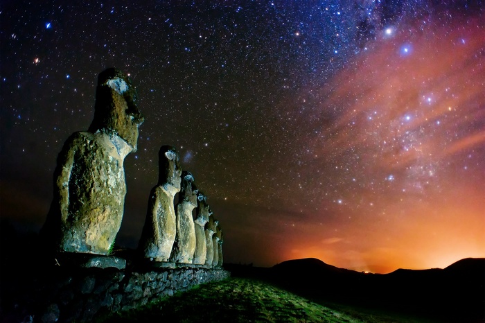 Moai statues on Easter Island under the starry sky