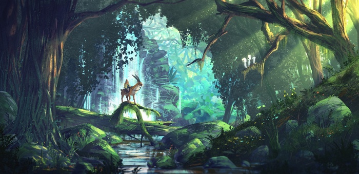 Fantasy forest with a deer-like creature and a waterfall