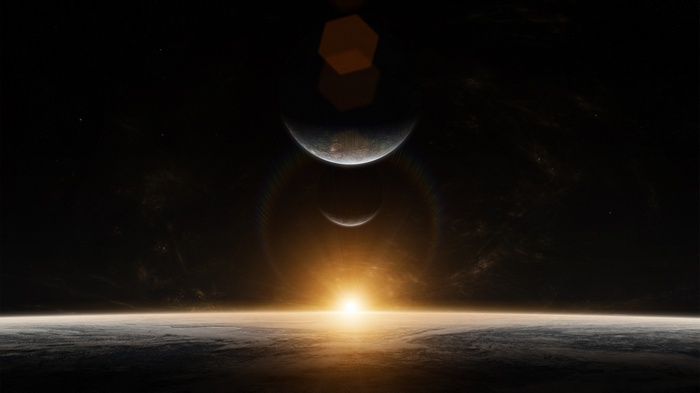 Sunrise over a planet with two moons
