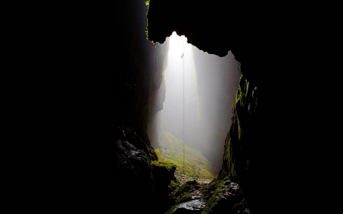Person rappelling down into a mossy cave
