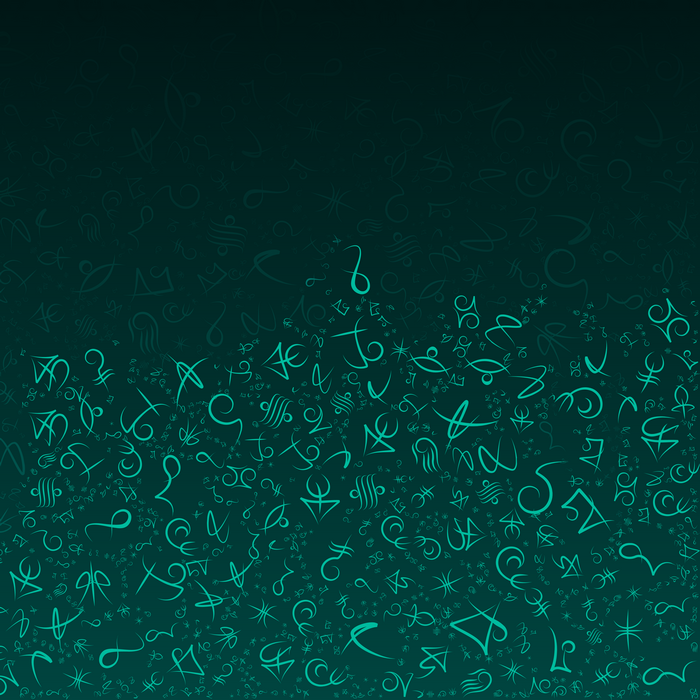 Teal mystical symbols on a dark teal gradient background