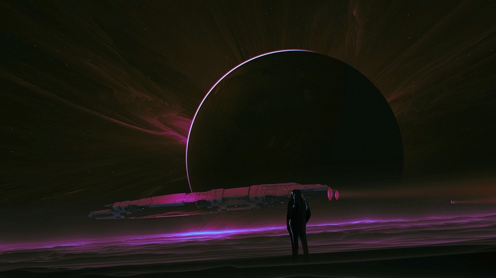Astronaut and spaceship near a planet in space
