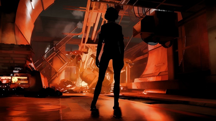 Silhouette of a woman in a futuristic industrial setting