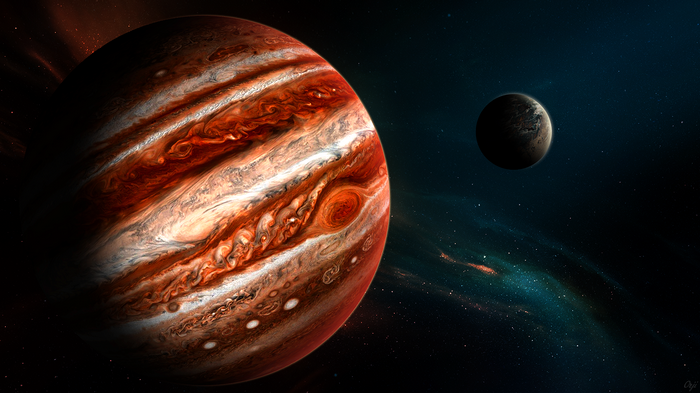 Jupiter and a moon in space