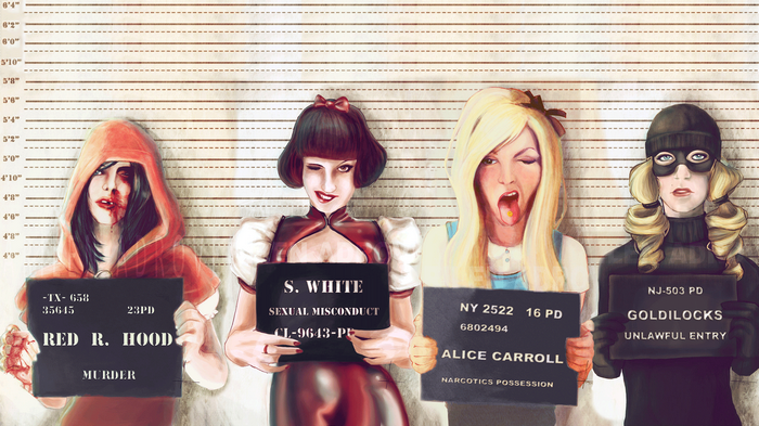 Red Riding Hood, Snow White, Alice, Goldilocks Mugshots