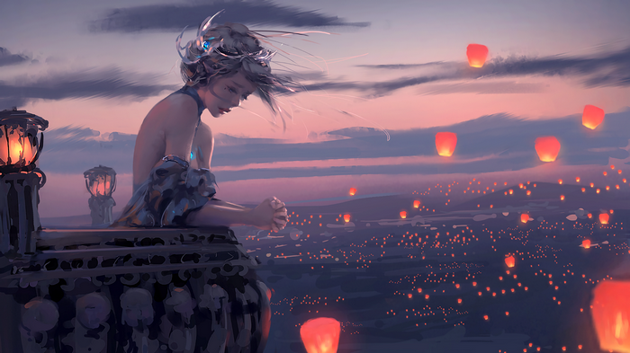 WLOP princess on a balcony with sky lanterns