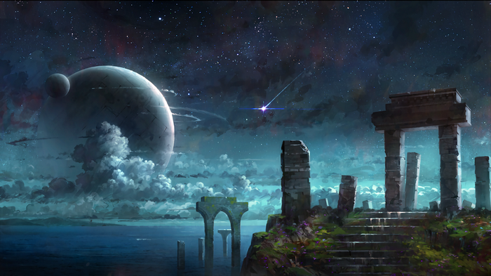 Fantasy ruins on a planet with two moons and a starry sky