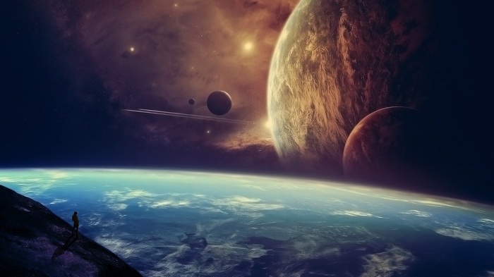 Fantasy art of planets and a lone figure in space