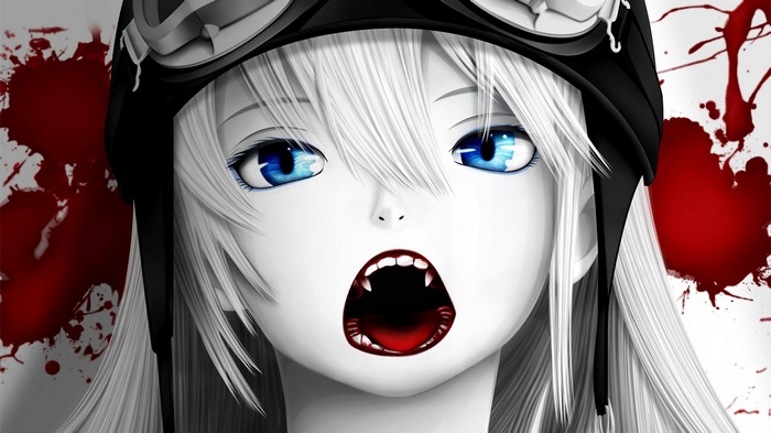 Oshino Shinobu with fangs and blue eyes
