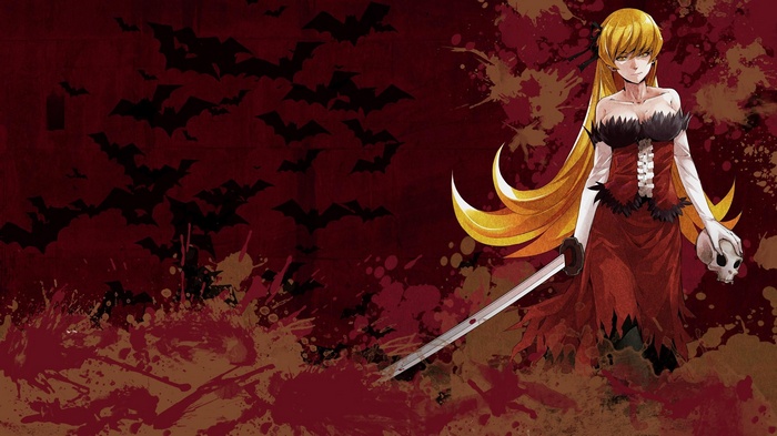 Oshino Shinobu with a skull and sword