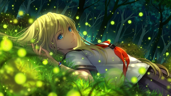 Girl with blonde hair and blue eyes in a forest