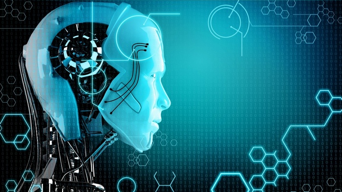 Robot profile with binary code and hexagons