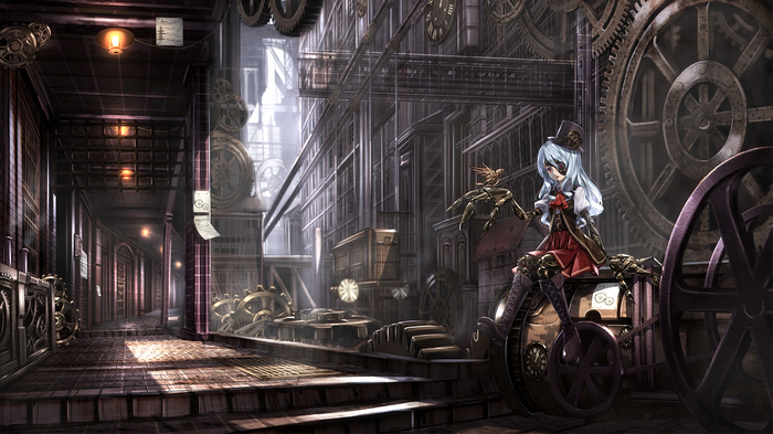 Anime girl in steampunk attire in a factory