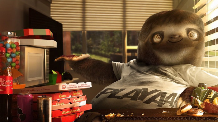 Sloth eating pizza and chips on a desk