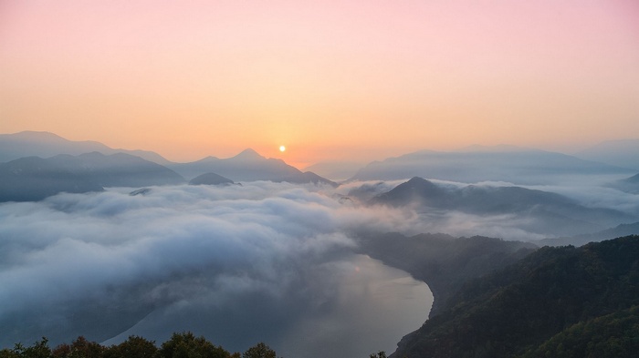 lake, South Korea, nature, mist, landscape, forest, clouds, mountains