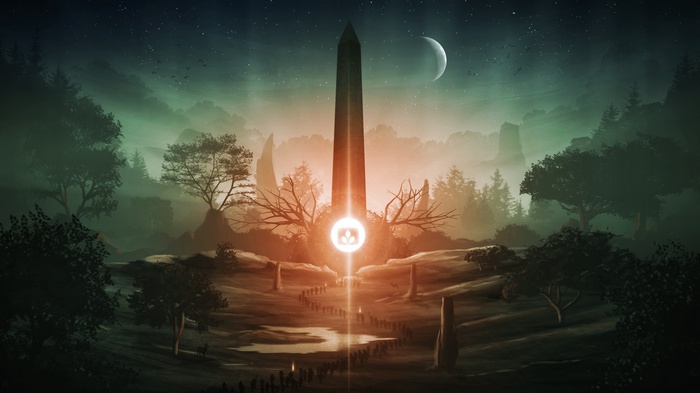 Fantasy art of an Obelisk under the Moon