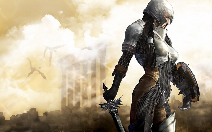 Artwork of a female warrior with dragons in the sky