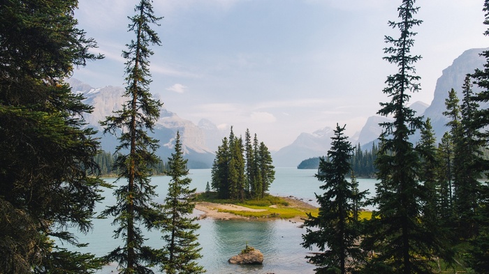 Maligne Lake with Island and Mountains in Canada