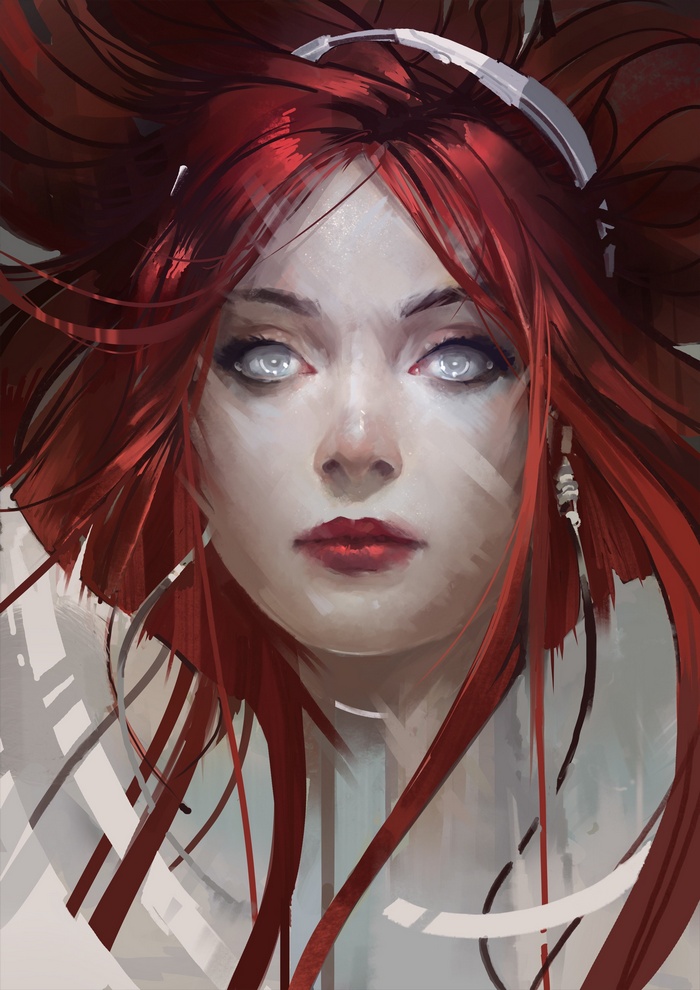 Anime girl with red hair and white eyes