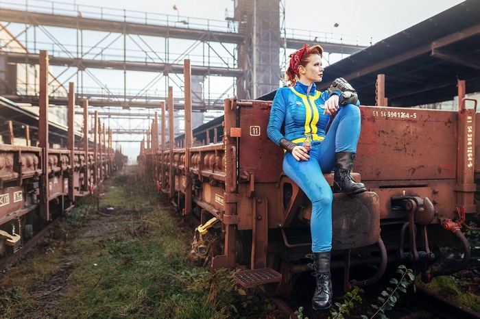 Fallout Vault Girl Cosplayer on Train Tracks