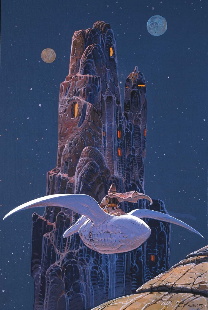 Arzach riding a bird near a rocky tower
